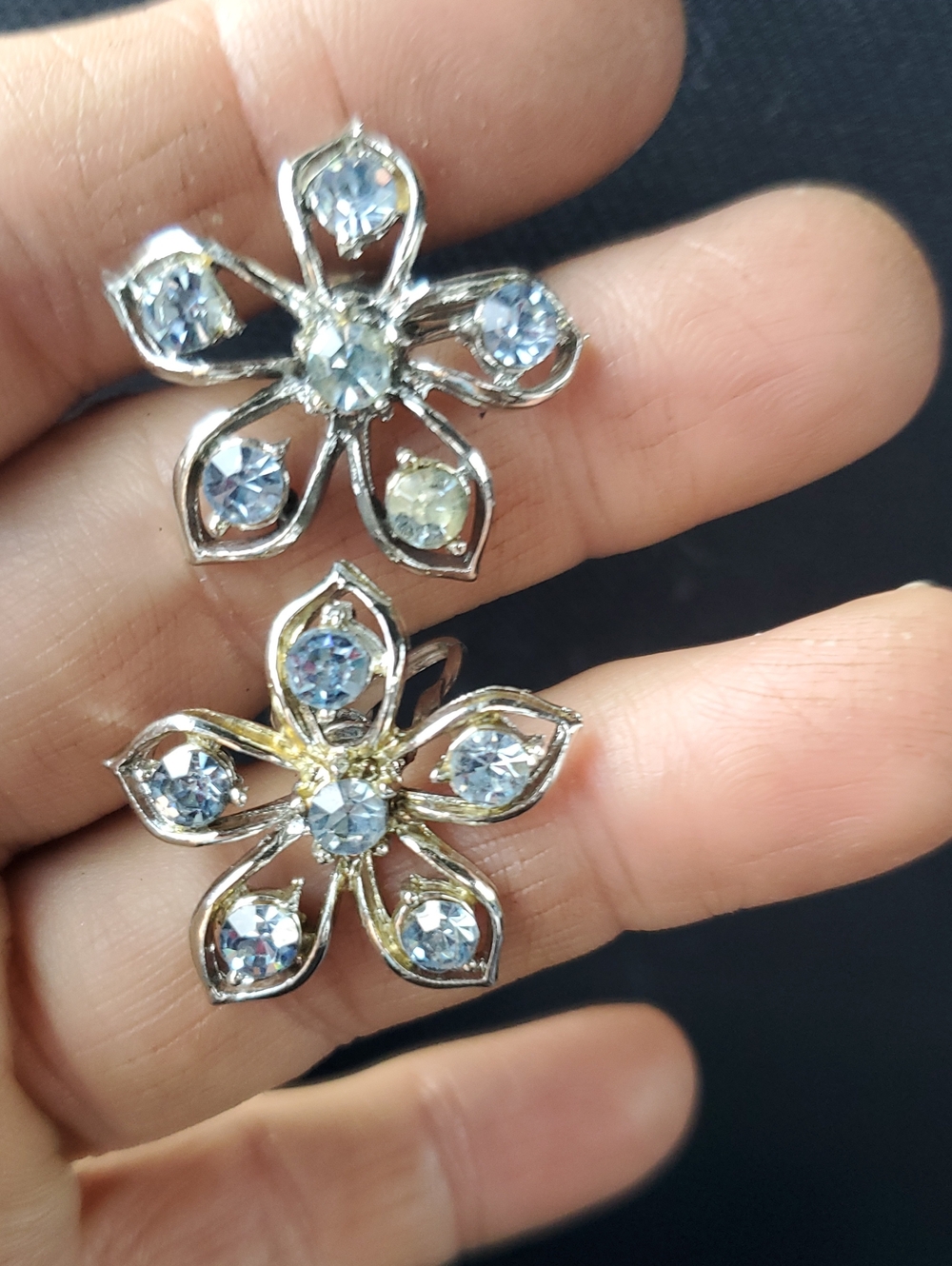 Coro Silver-Tone Floral Screw Up Earrings with Light Blue Stones